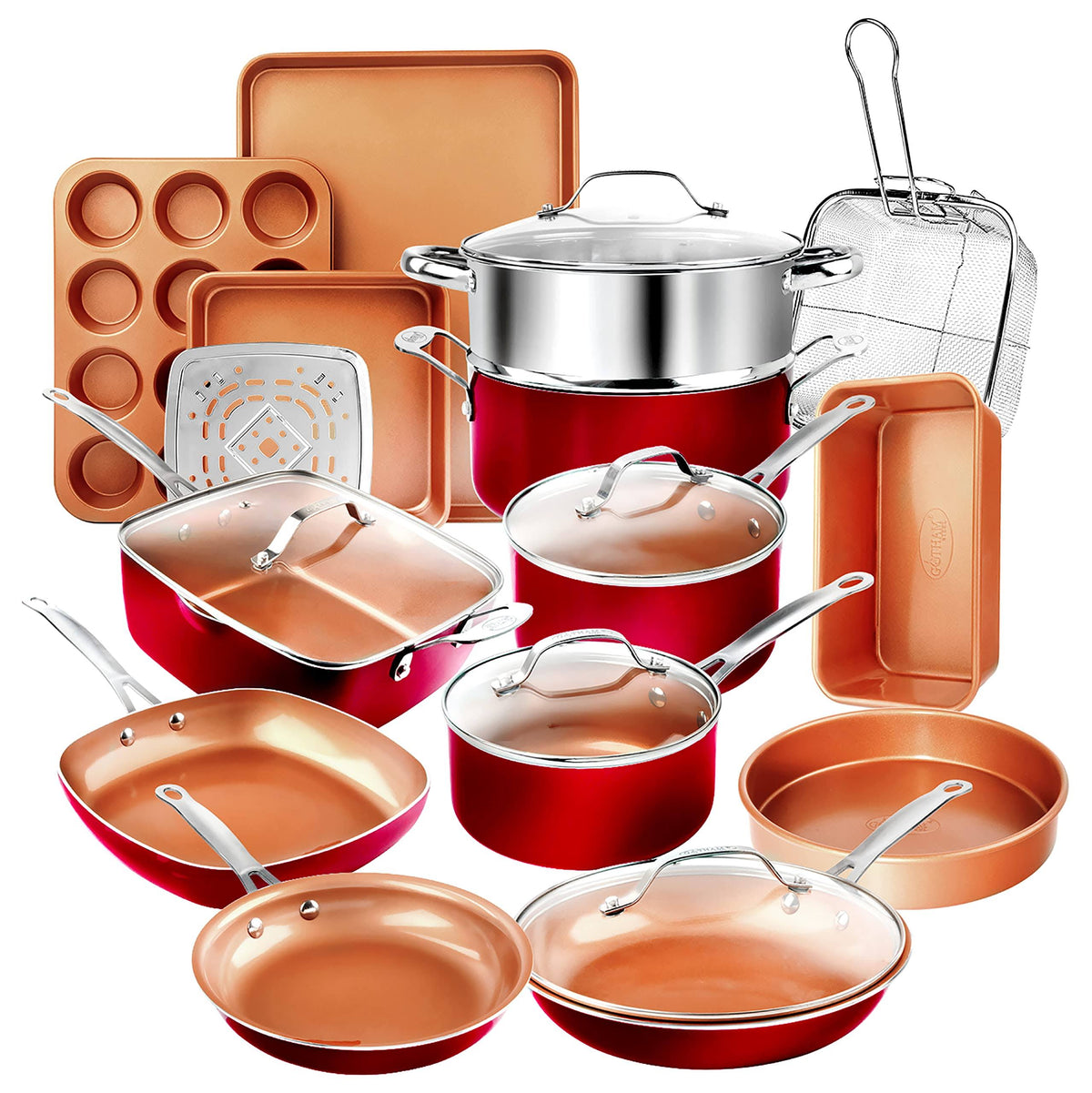 Gotham Steel Cookware + Bakeware Set with Nonstick Durable Ceramic Copper Coating ÿ Includes Skillets , Stock Pots , Deep Square Fry Basket