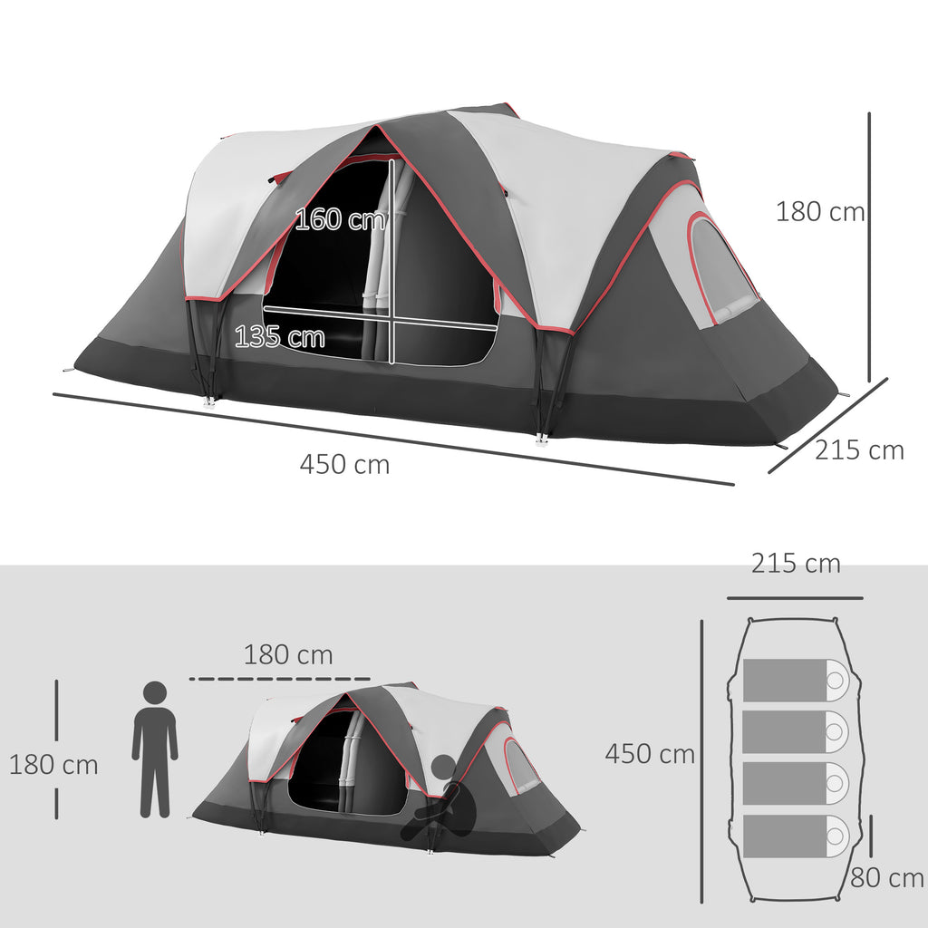 Outsunny Campingzelt, 2 Räume, Trennwand, für 6-8 Personen, Regenschutz, Grau