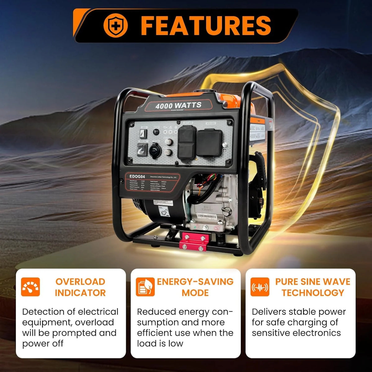 Efurden 4000W Inverter Generator Gas Powered, Portable Gas Generator for Home and Outdoor Use, Leightweight and ECO Mode