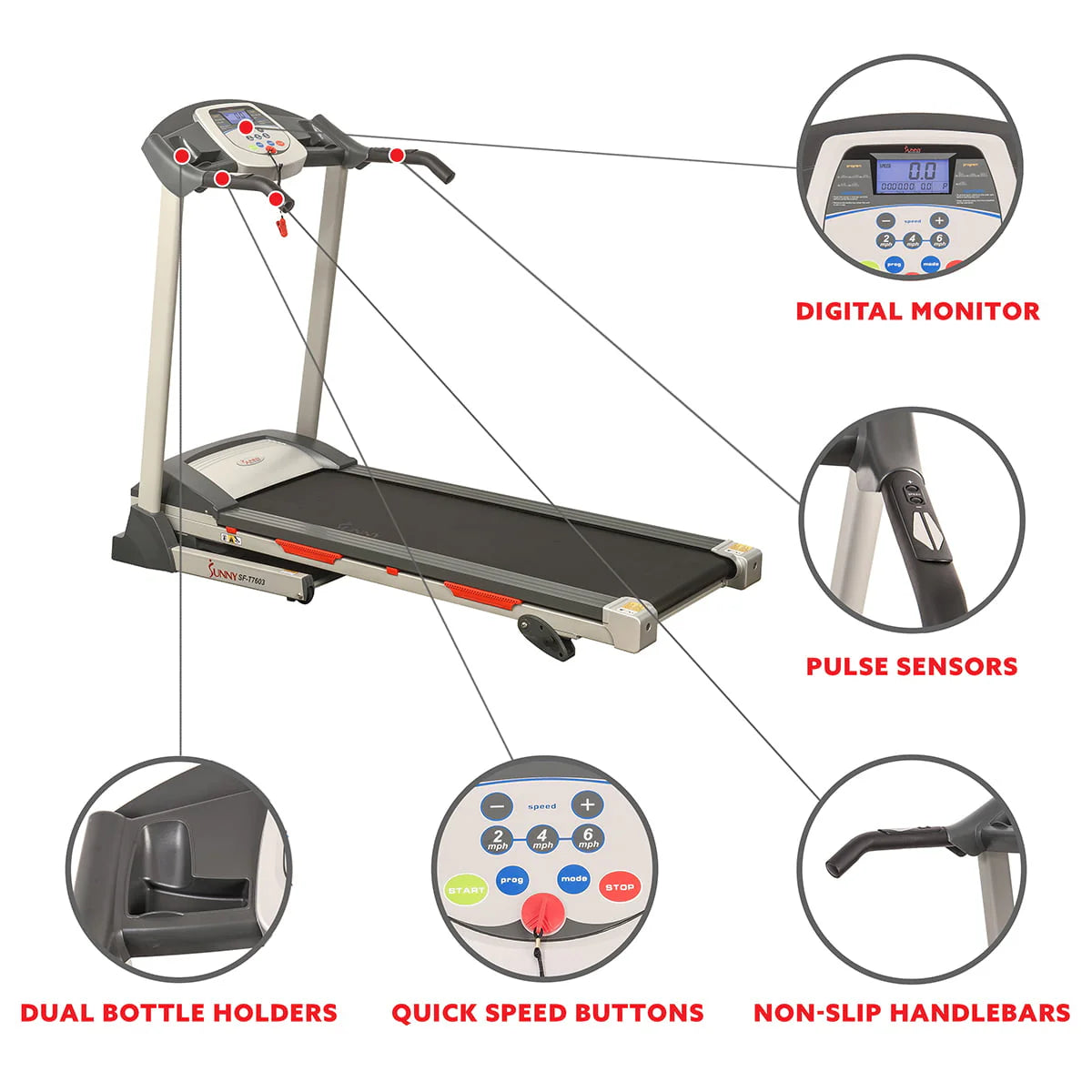 Sunny Health & Fitness Powerful Electric Treadmill for Home, Foldable, Manual Incline, Built - in Programs, Pulse Sensor, SF - T7603