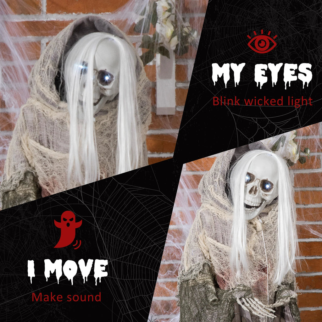 AECOJOY Outdoor Halloween Decorations Skeleton Witch, Sound and Motion Activated Decor
