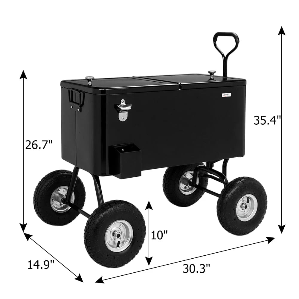 VINGLI 80 Quart Wagon Rolling Cooler Ice Chest, W/Long Handle and 10" Wheels, Portable Beach Patio Party Bar Cold Drink Beverage, Outdoor Park Cart on Wheels