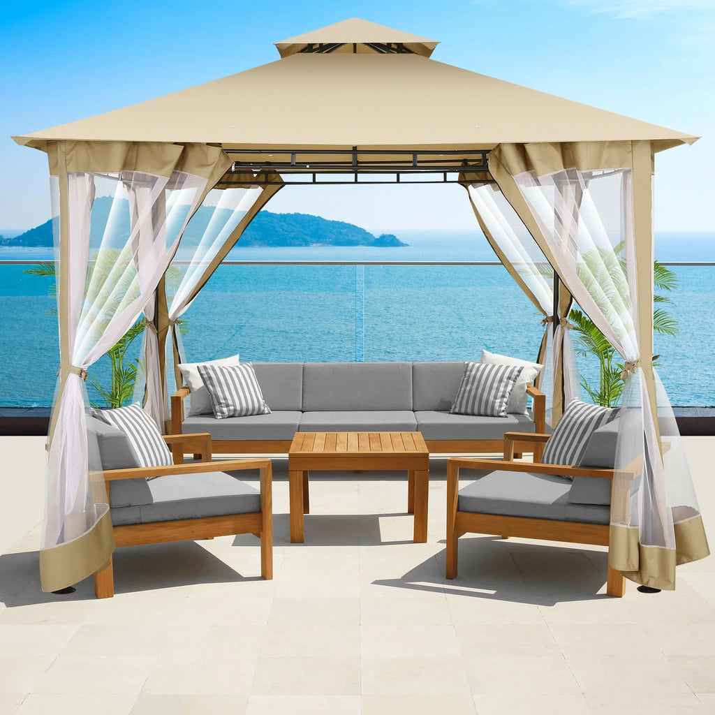 SANOPY 10' x 10' Gazebos for Patios, Gazebo Canopy with 4 Mosquito Netting, Rainproof & Sunscreen Shelter Tent with Double Eaves for Garden Backyard and Deck
