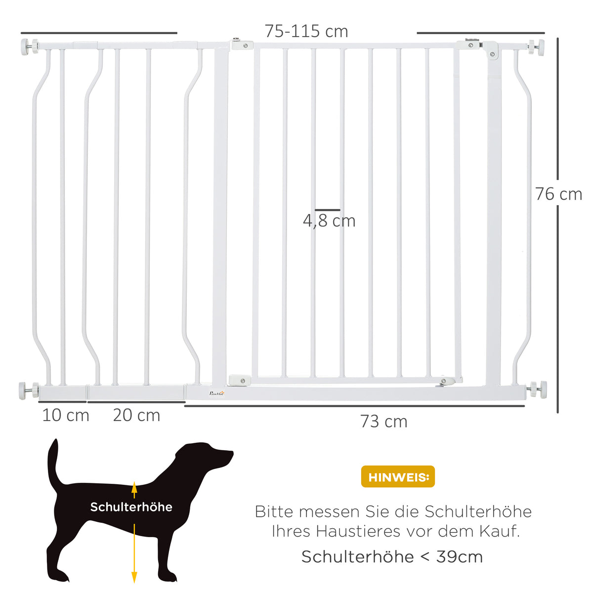 PawHut Hunde-Absperrgitter, Klemmmontage, verstellbare Länge, Stahl/ABS, 75-115 x 76cm, Weiß