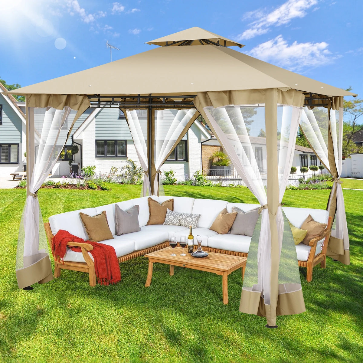 SANOPY 10' x 10' Gazebos for Patios, Gazebo Canopy with 4 Mosquito Netting, Rainproof & Sunscreen Shelter Tent with Double Eaves for Garden Backyard and Deck