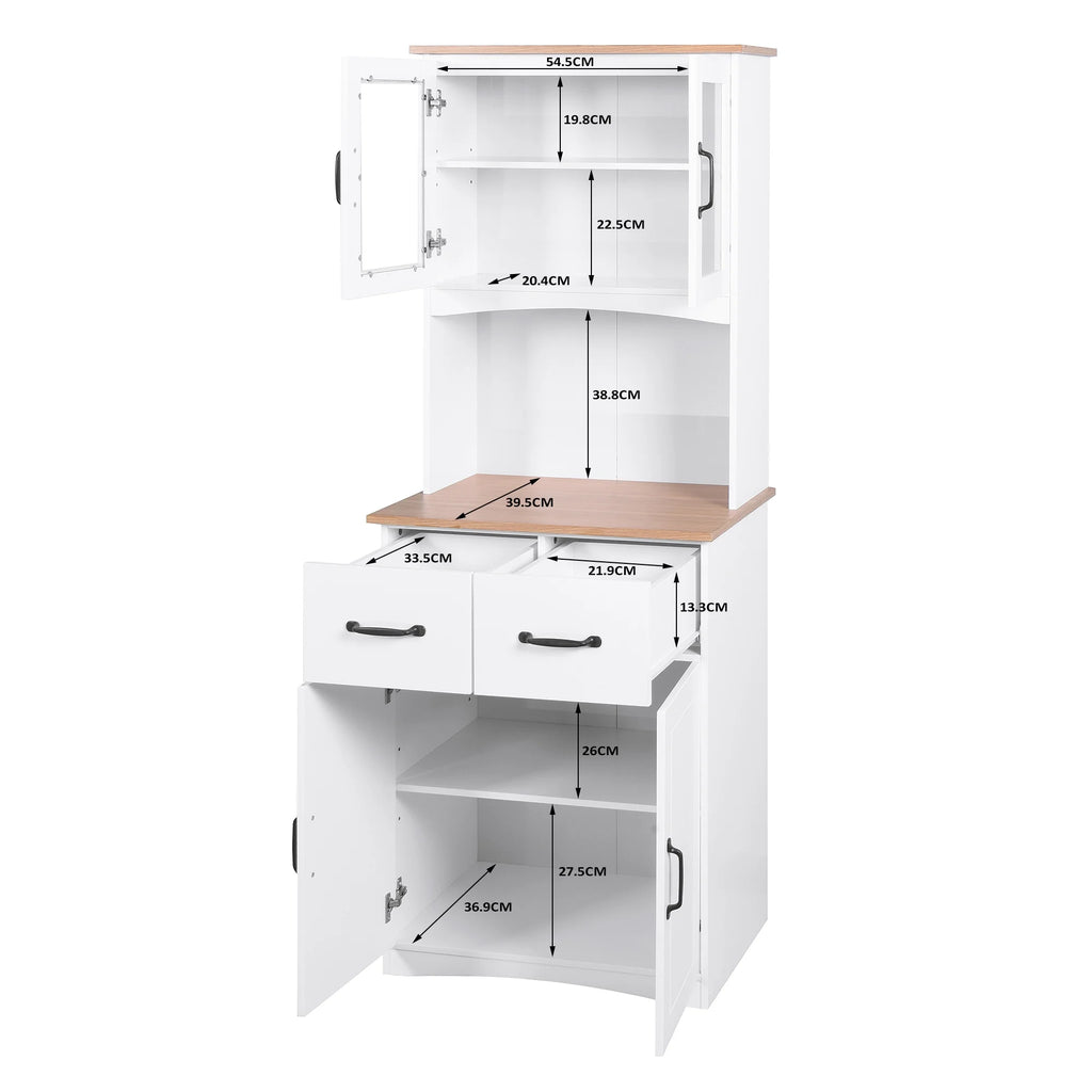 Clearance! Wooden Kitchen Cabinet White Pantry Room Storage Microwave Cabinet with Framed Glass Doors and Drawer