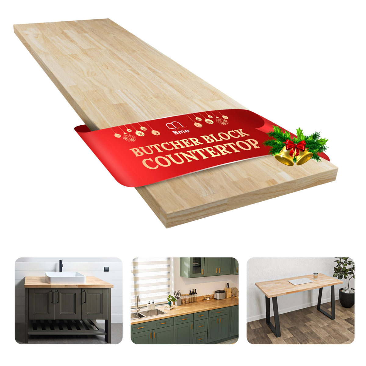 Bme Hevea Solid Wood Butcher Block Countertop Unfinished Butcher Block Table Top for DIY Washer Dryer/Island/Kitchen Countertop 5ft L x 25'W 15in Thic
