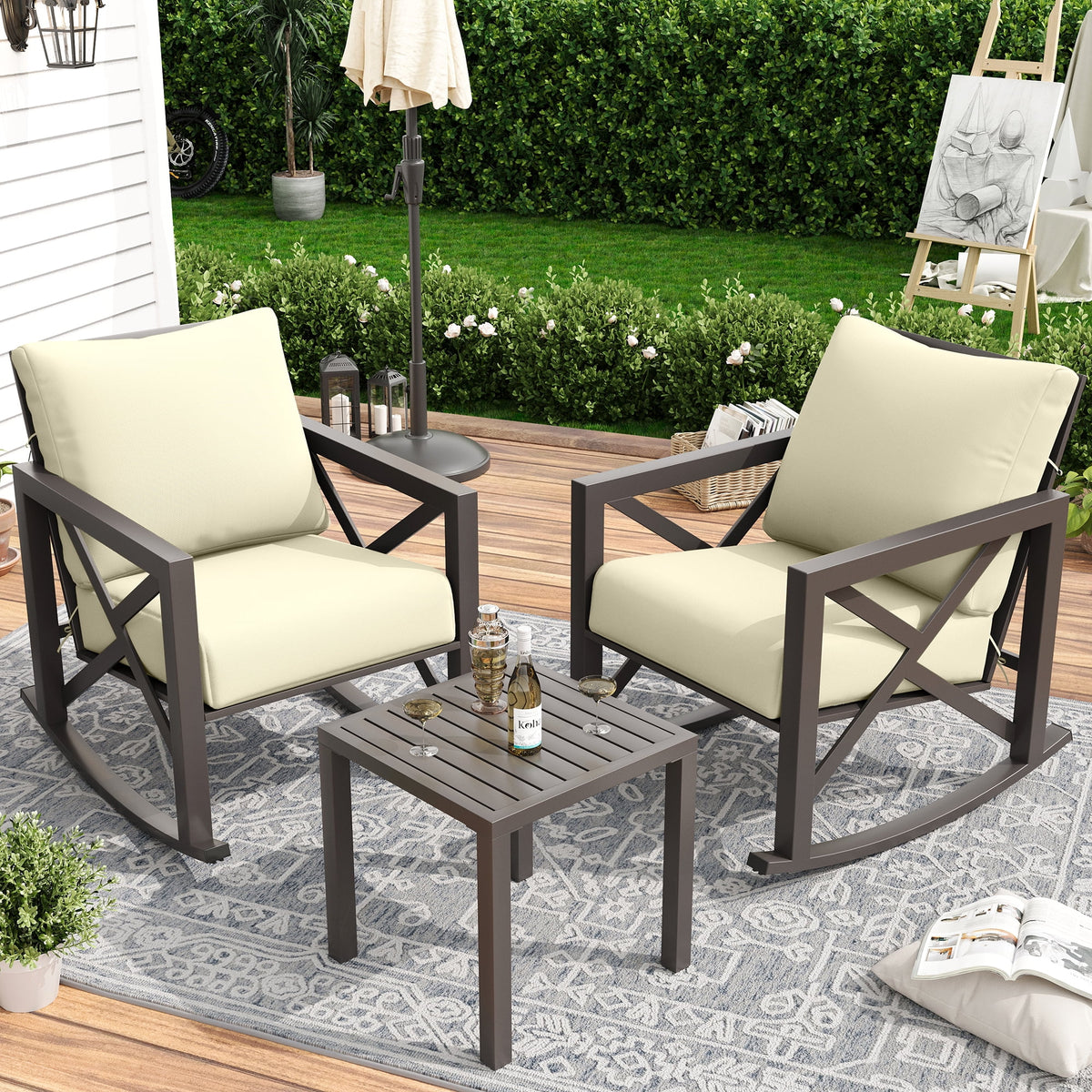 MRUAKA Rocking Chair Bistro Set, 3 Piece Outdoor Patio Furniture Set with 2 Rockers and 1 Metal Coffee Table with Thick Cushions for Porch, Backyard, Poolside, Beige