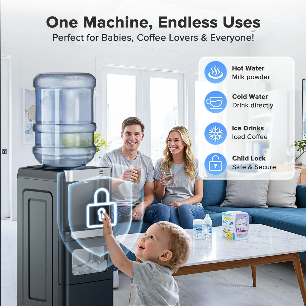 LHRIVER 2 - 5 Gallon Water Dispenser & 6 - Min Ice Maker, 3 - in - 1 Hot/Cold/Ice, Child Lock & Energy - Efficient, for Home/Office, Black