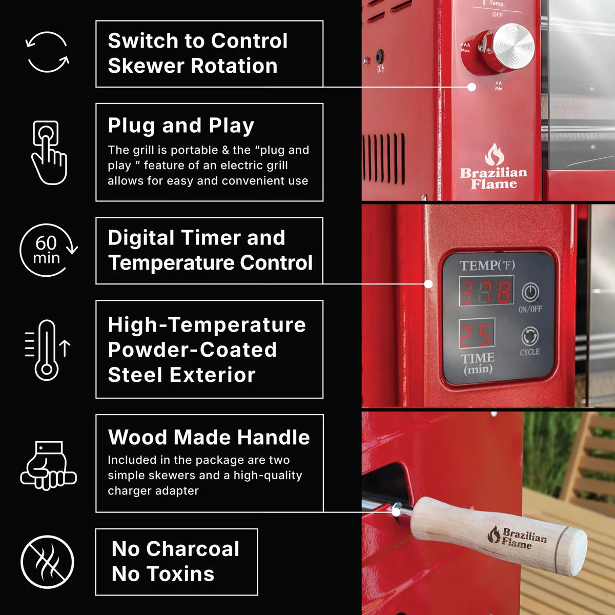 Brazilian Flame 2 - Skewer Brazilian Rotisserie Electric Grill in Red