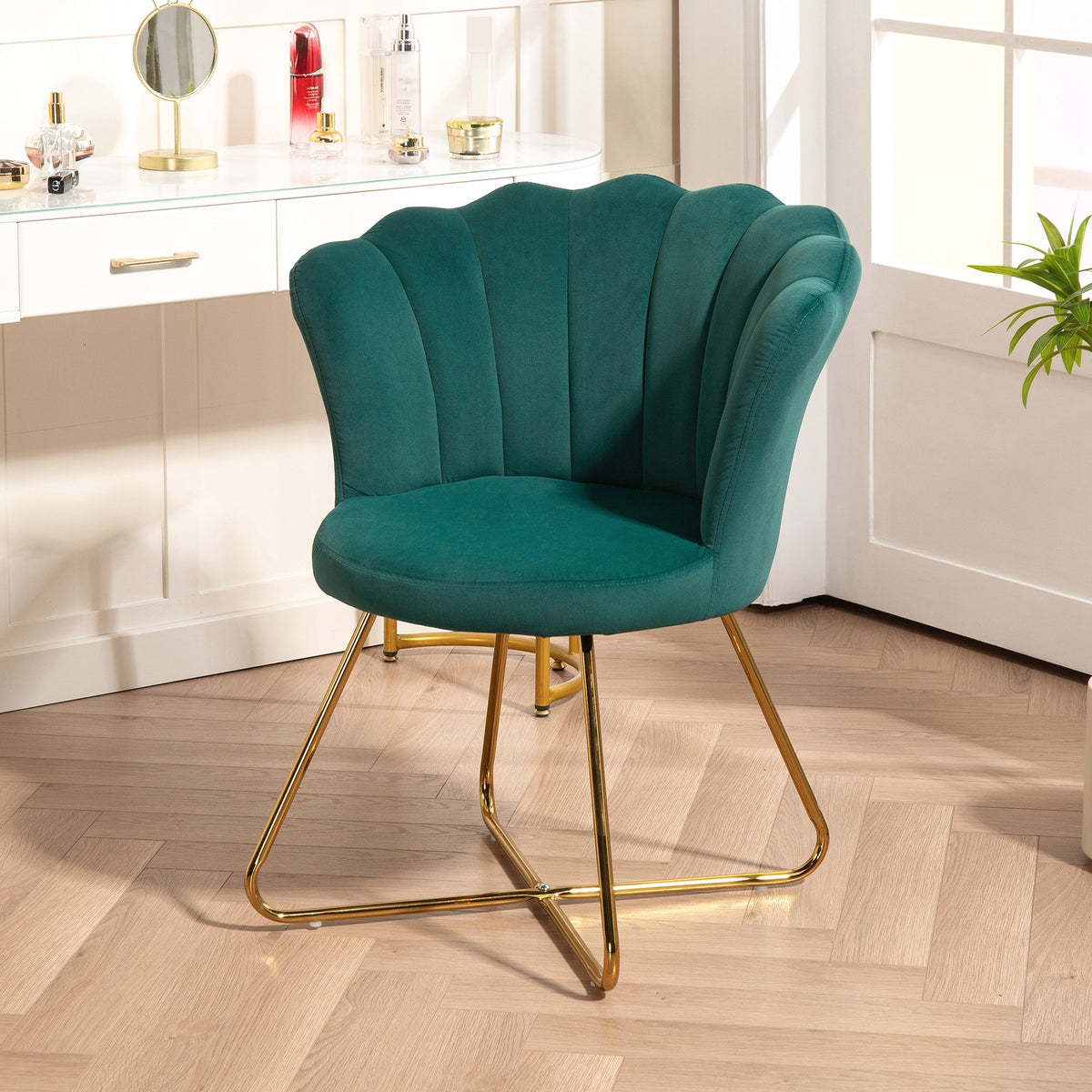 HOMCOM Sessel Muschel Frisiertischstuhl Samtsessel Lounge mit Stahlbeinen 69 x 64 x 80 cm Dunkelgrün