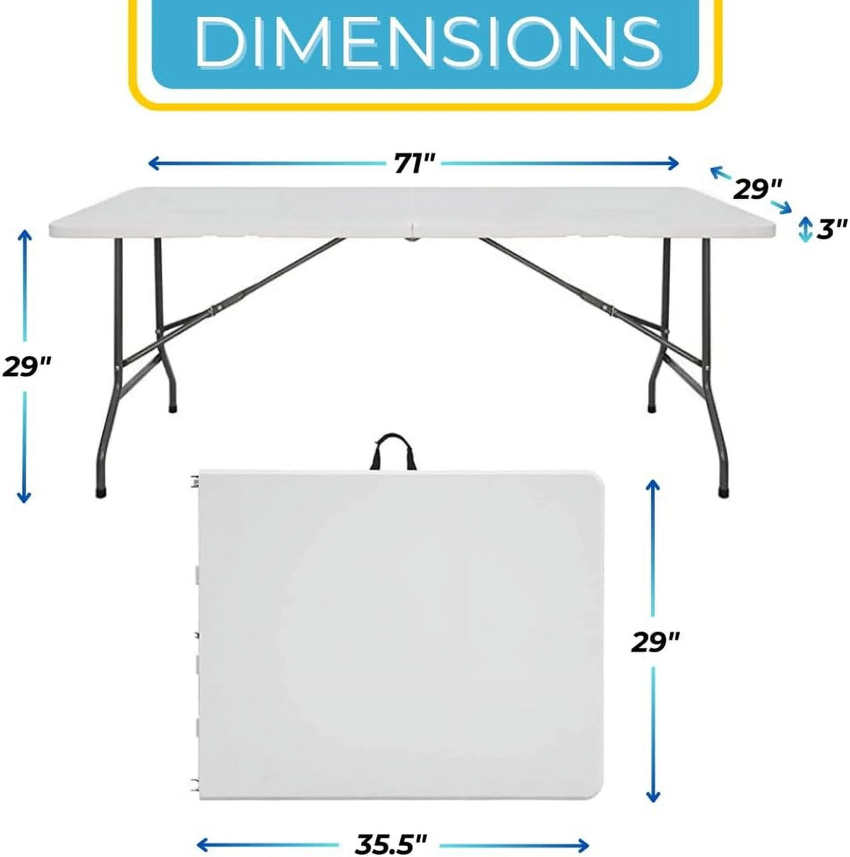 Ezone 6ft Indoor Outdoor Heavy Duty Portable Folding Plastic Dining Table W/Handle, Lock for Picnic, Party, Camping - White (6 Ft)