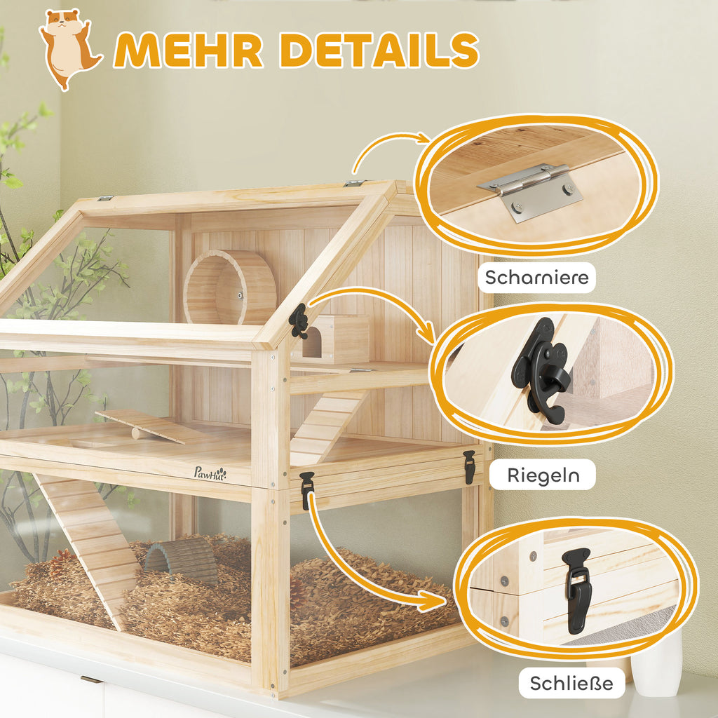 PawHut Hamsterkäfig aus Holz 3 Etagen Nagarium Nagerkäfig mit klappbarem Deckel Laufrad 80 x 50 x 76 cm Naturholz