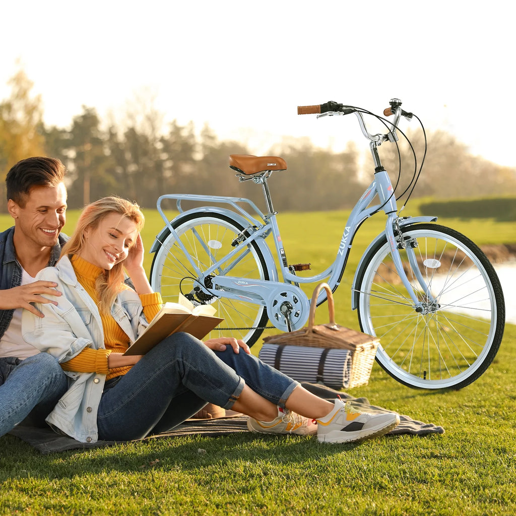 Aukfa 26" Cruiser Bike, 7 Speed Bicycle Hybrid Bikes for Women Girls Ladies, Arctic