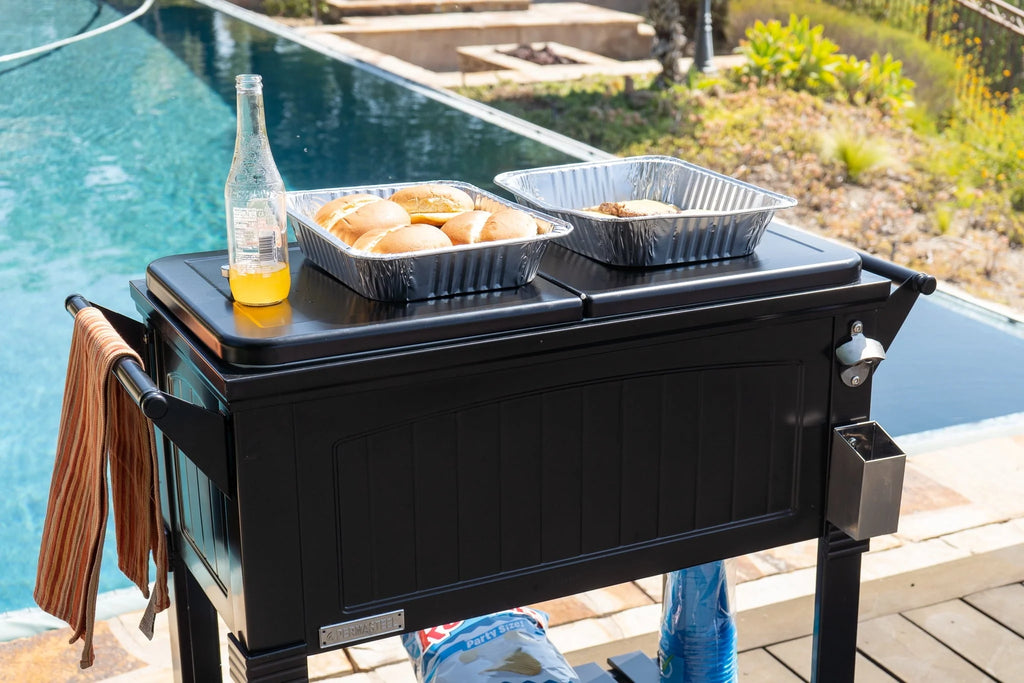 Permasteel 80 - Qt Antique Outdoor Steel Patio Cooler on Wheels, Rolling Cooler Cart, Wooden Teak Style, Black