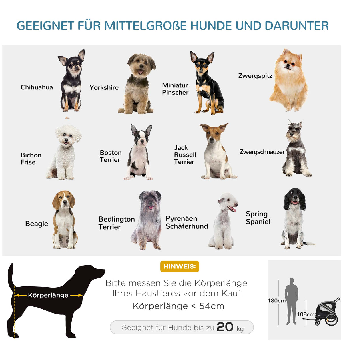 PawHut 2-in-1 Hundeanhänger Hundewagen Fahrradanhänger bis 20kg wasserfest Sicherheitsleine Reflektoren 140 cm x 72, 5 cm x 108 cm Grau