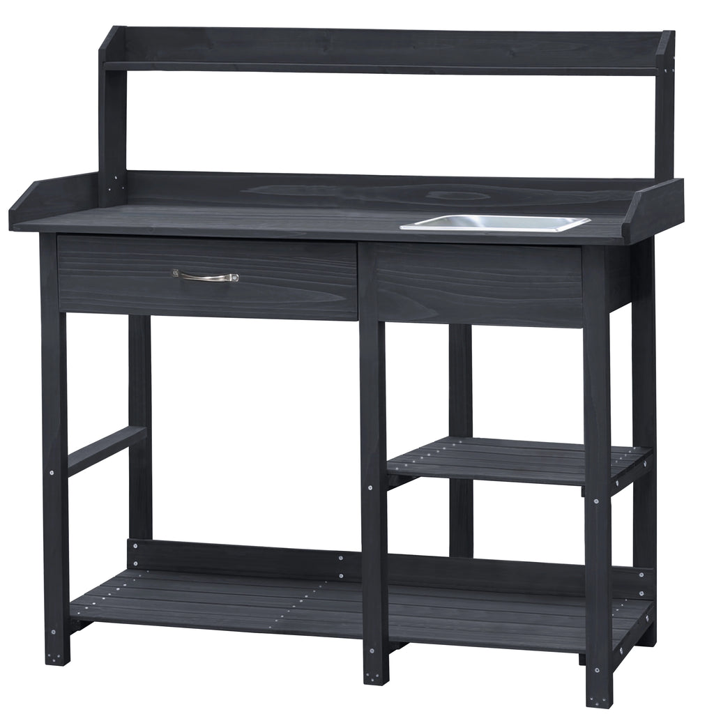VEIKOUS Wood Potting Bench Garden Table W/ Removable Stainless Sink & Shelves, Natural