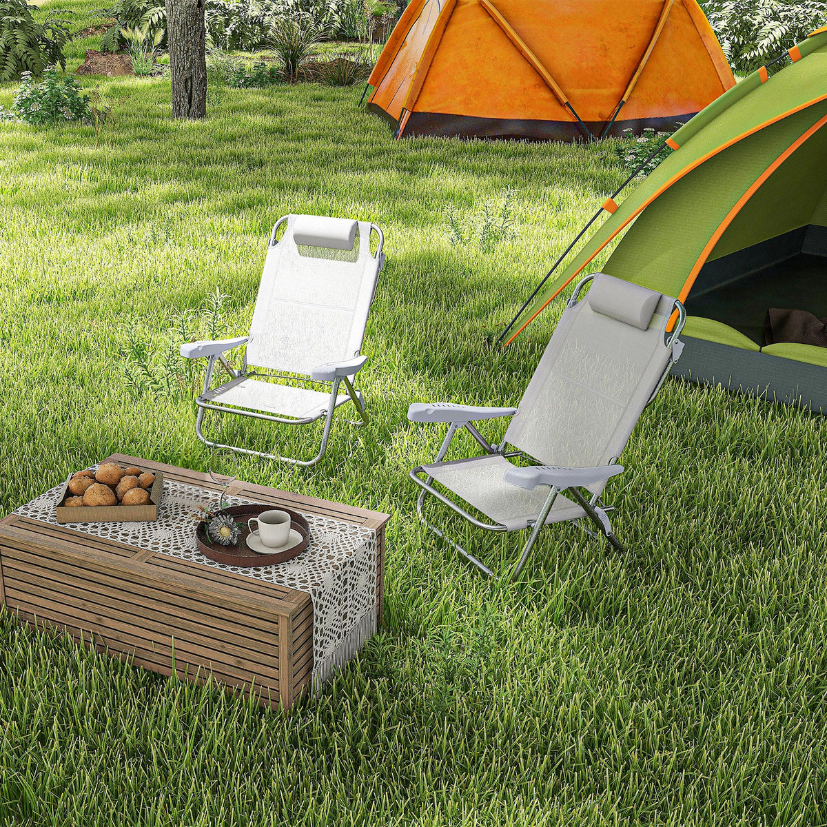 Outsunny Set aus 2 faltbaren Gartenstühlen tragbarer Angelstuhl Campingstuhl mit Kopfstütze 6-stufig verstellbare Rückenlehne