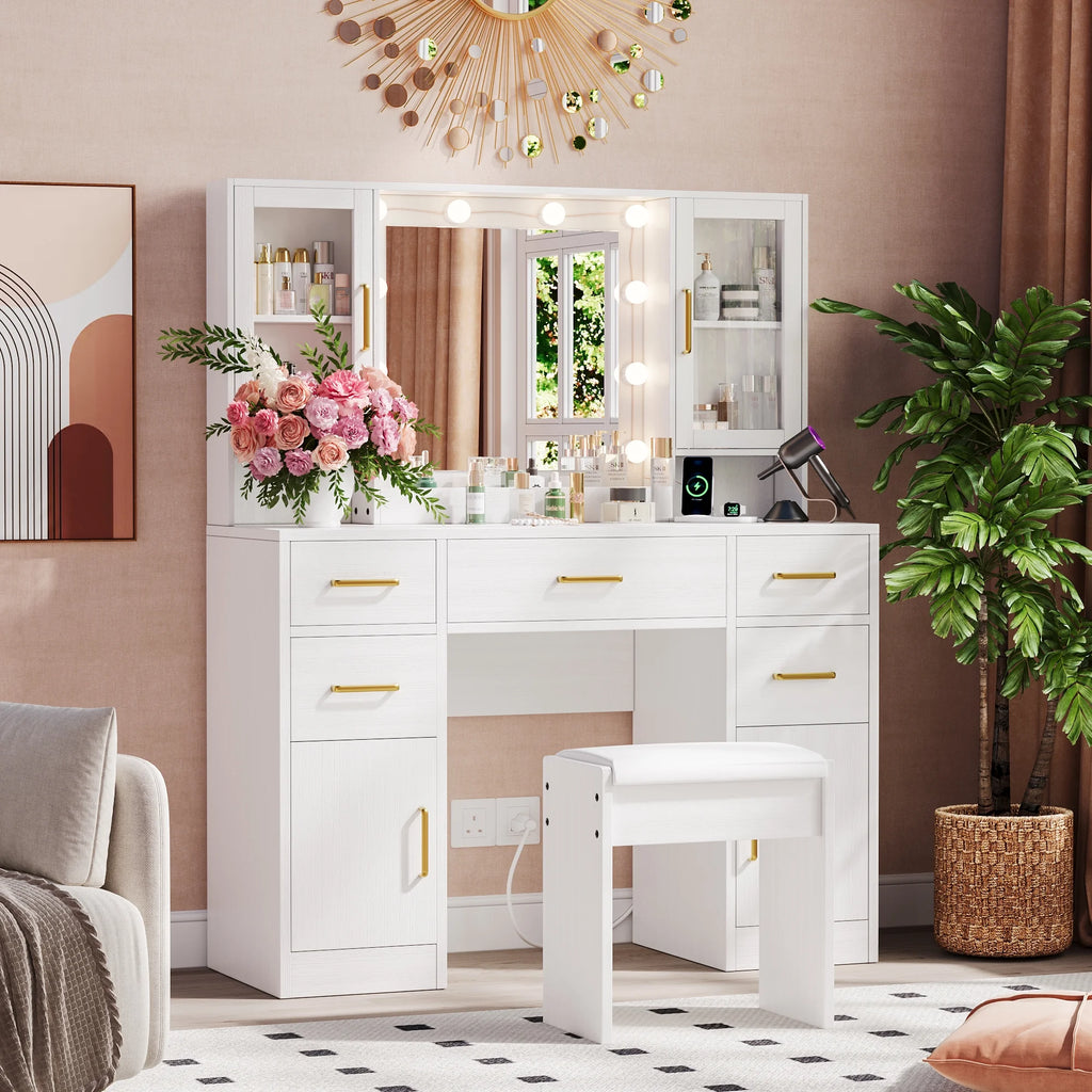 UGTOO 58.3" White Vanity Desk with Mirror, Adjustable Lighting, Power Outlet, Drawers, with Stool