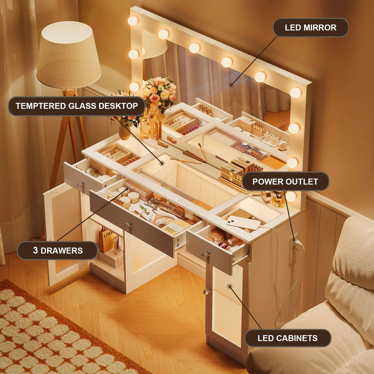 ABOVOBA Vanity Desk with Mirror and Lights, 3 Drawers and Power Outlet Makeup Vanity for Women, White