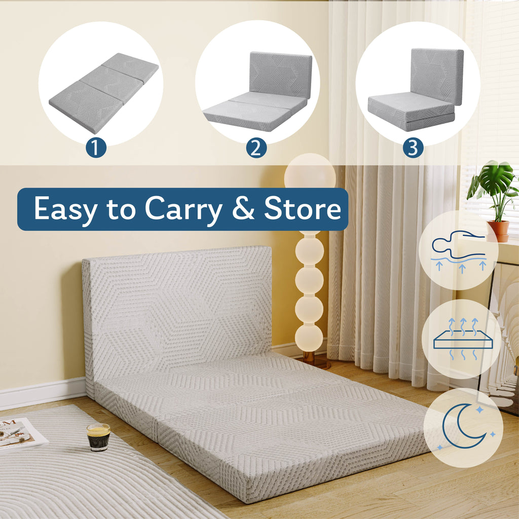 Ego 4 inch Tri Folding Memory Foam Mattress. Portable Guest Bed. Queen Size