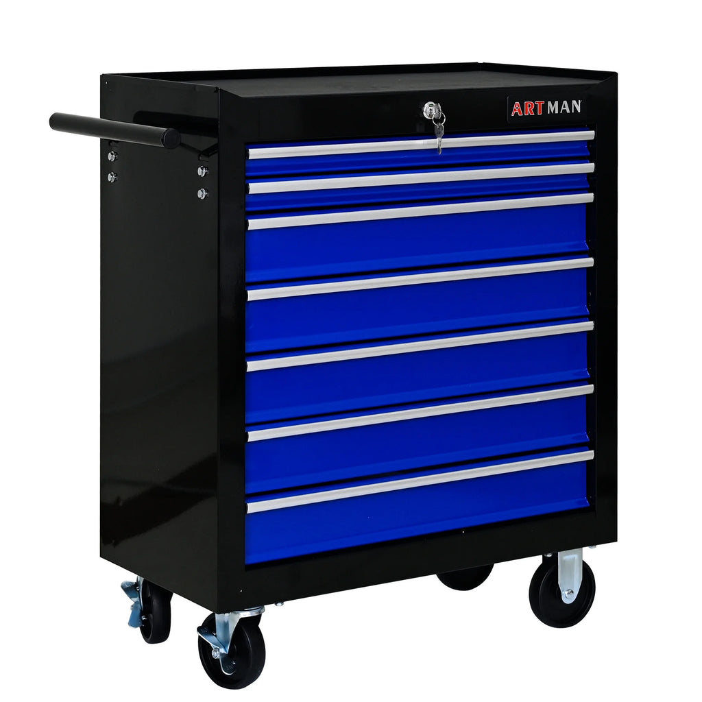 Aukfa Tool Chest, 24.5 in 7 - Drawer Steel Rolling Tool Box on Wheels for Workshop Garage, Red