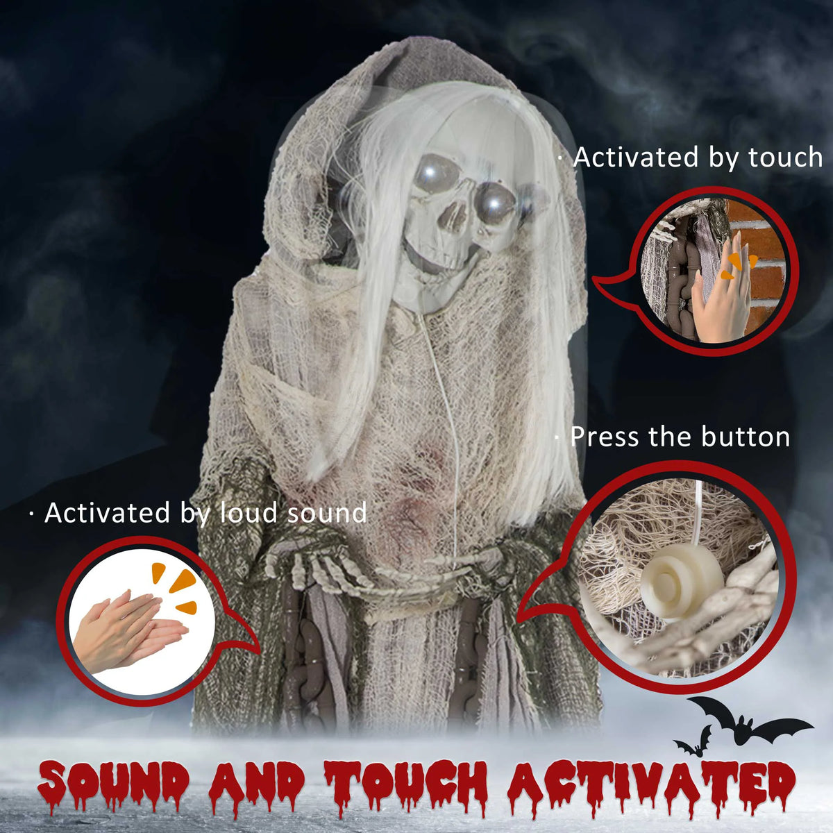 AECOJOY Outdoor Halloween Decorations Skeleton Witch, Sound and Motion Activated Decor