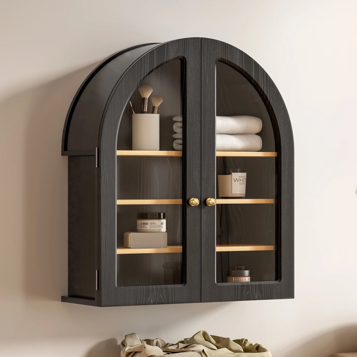 EYYTHUNG Modern Arched Wall Cabinet, Large Medicine Cupboard, Black Cabinet for Bathroom with Adjustable Shelf, Black Oak