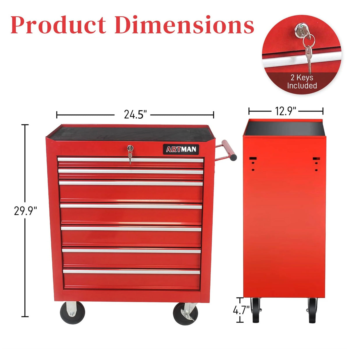 Aukfa Tool Chest, 24.5 in 7 - Drawer Steel Rolling Tool Box on Wheels for Workshop Garage, Red