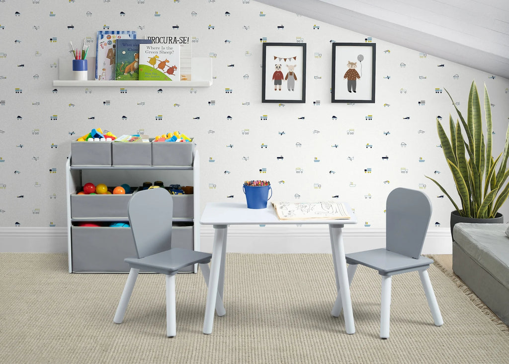 Delta Children 4 - Piece Toddler Playroom Set - Includes Play Table, 2 Chairs and 6 Bin Toy Organizer with Reusable Vinyl Cling Stickers, Light Pink/Dark Pink