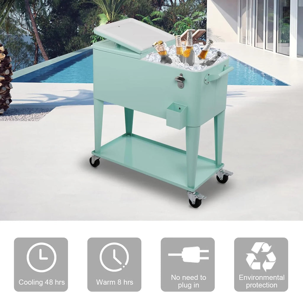 80 Quart Rolling Ice Chest, Portable Bar Drink Cooler with Catch Basin, Bottom Storage Tray and Bottle Opener for Patio Party BBQ Beach Activities