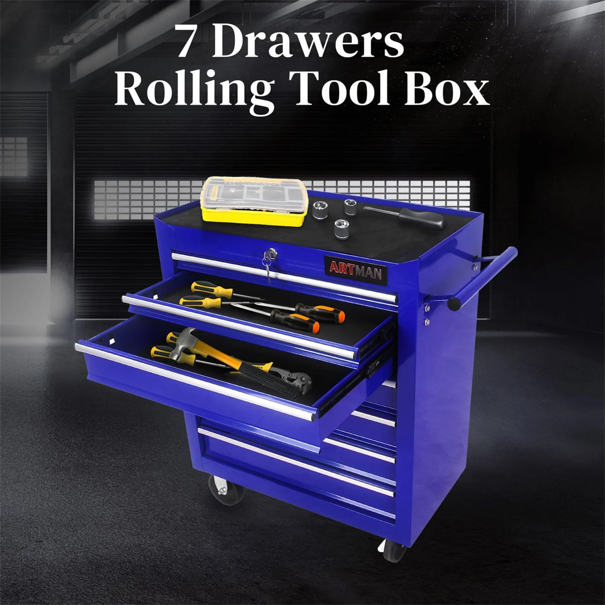 Aukfa Tool Chest, 24.5 in 7 - Drawer Steel Rolling Tool Box on Wheels for Workshop Garage, Red