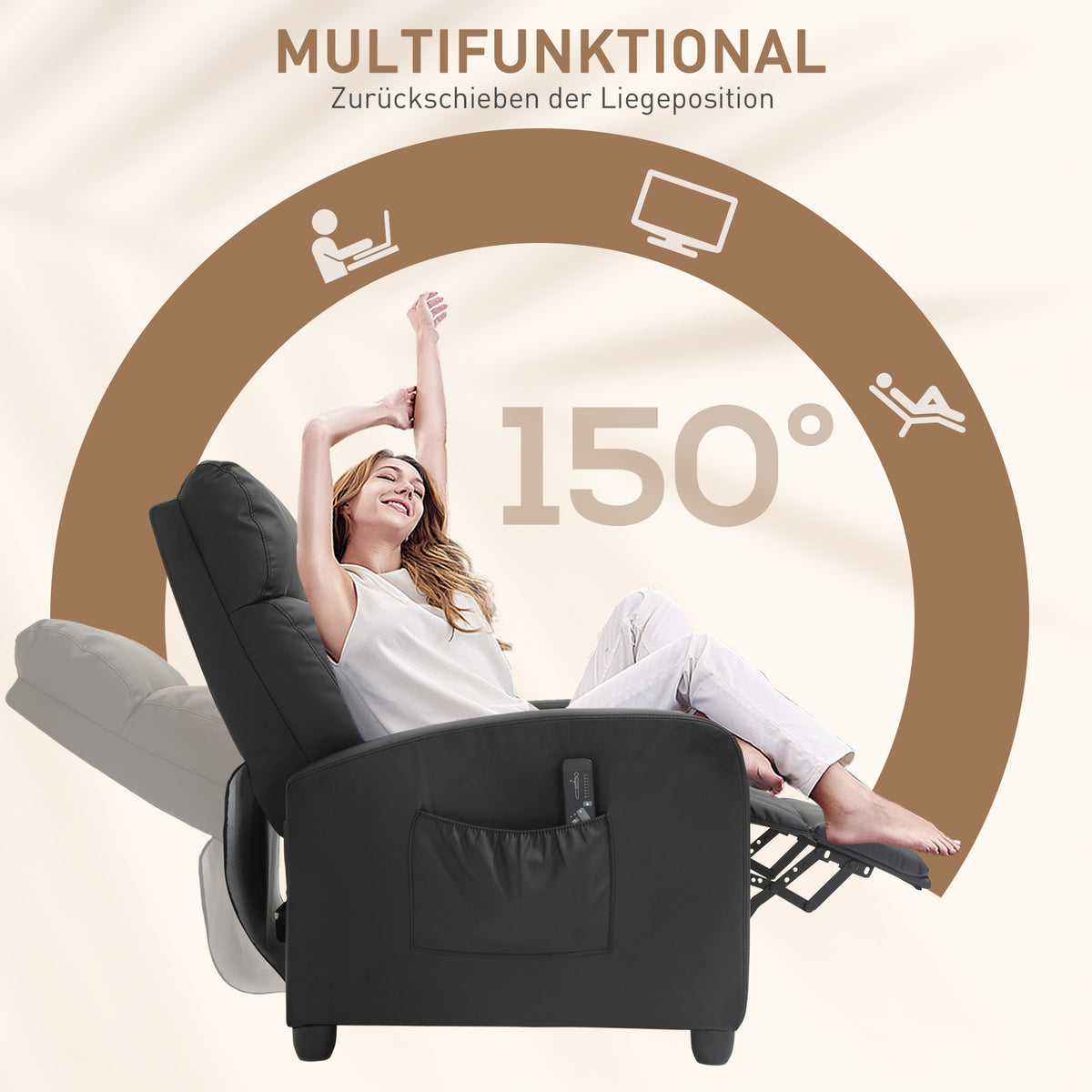 HOMCOM Massagesessel mit Liegefunktion, Relaxsessel mit Massagefunktion, Fernsehsessel mit Fernbedienung, Massagesofa mit Rückenlehne, elektrisch, Schwarz