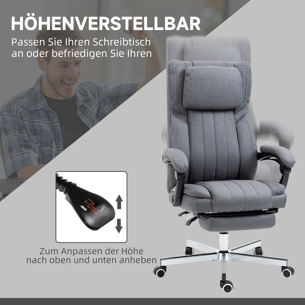 Vinsetto Bürostuhl mit Massagefunktion, neigbare Rücklehne, ausziehbare Fußstütze, Leinenoptik, grau, 65 x 61 x 113 cm