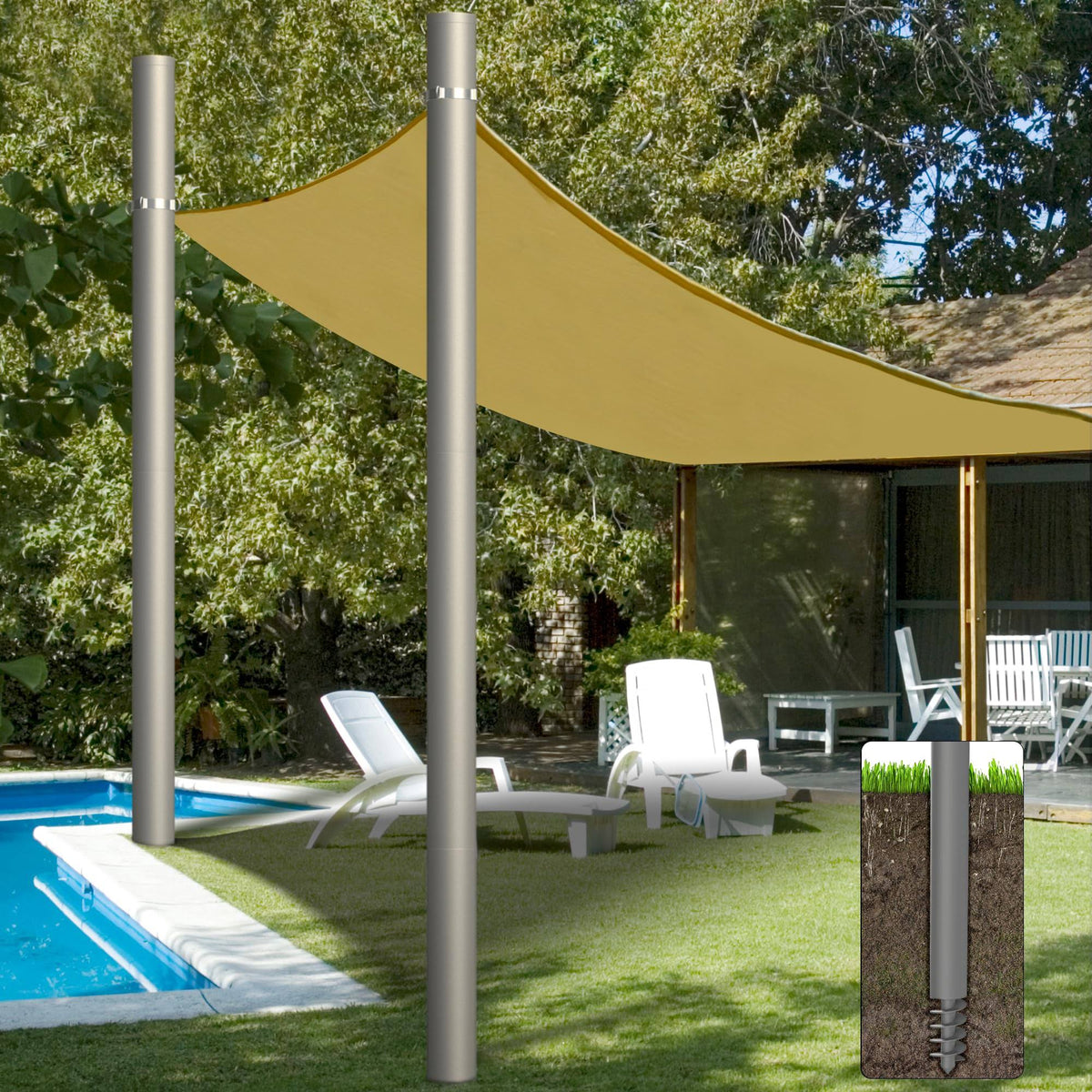 Shade Sail Poles, Heavy Duty Sun Shade Poles, Screw in Poles for Sun Shades Outdoor, 12 ft Sun Shade Sail Poles with D-Clamps, 2.28" Sun Shade Pole
