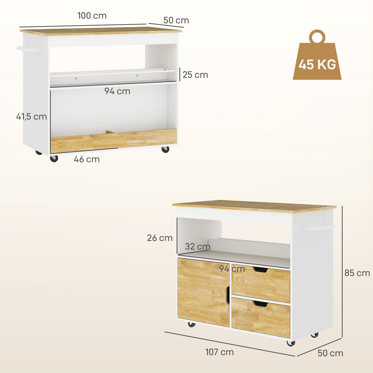 HOMCOM Küchenwagen, Rollbare Kücheninsel, Küchen-Trolley mit Fächern, Schrank und Arbeitsfläche, Weiß