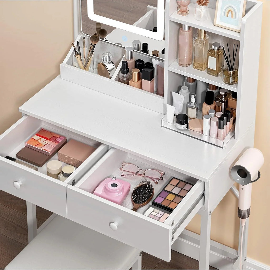 Makeup Vanity Desk with Mirror and Lights, 43.5 Vanity Table with 5 Drawers & Storage Shelves, White
