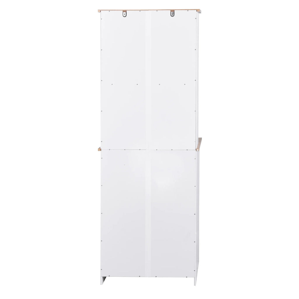 Clearance! Wooden Kitchen Cabinet White Pantry Room Storage Microwave Cabinet with Framed Glass Doors and Drawer