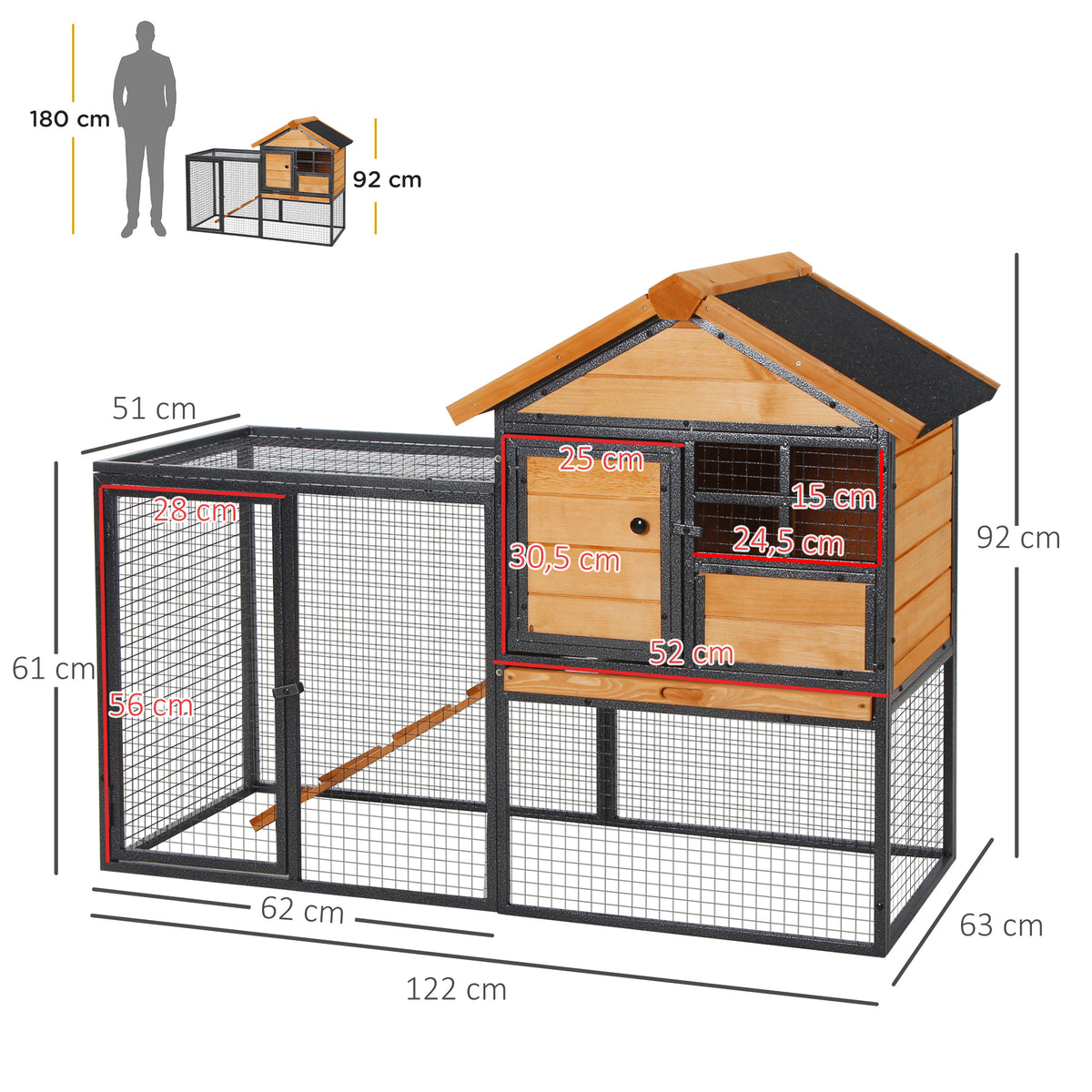 PawHut Kleintierstall mit Freigehege u. Rampe 122 cm x 63 cm x 92 cm Tannenholz Metall Hellgelb+Dunkelgrau