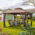 12 ft. W x 10 ft. D Light Brown Double Roof Patio Gazebo with Mosquito Net