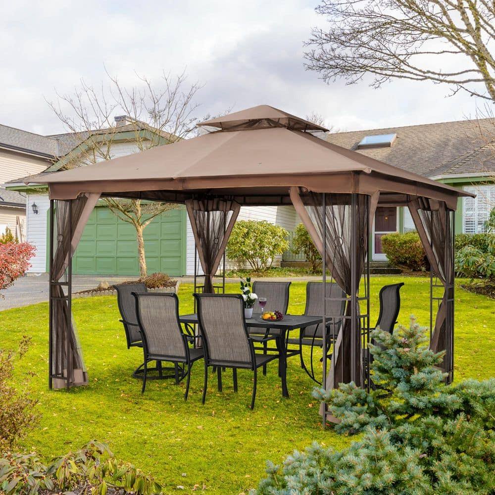 12 ft. W x 10 ft. D Light Brown Double Roof Patio Gazebo with Mosquito Net