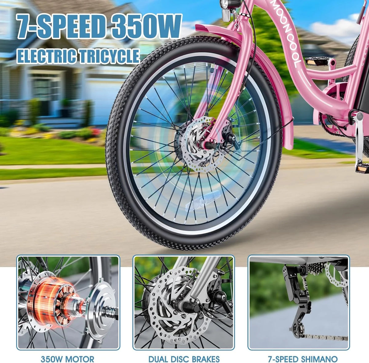 ABORON 24" 26" Electric Tricycles, 36V 10ah 350W Lithium Battery, 7 Speed E - Trike for Adults with Large Capacity Rear Basket & Adjustable Seat