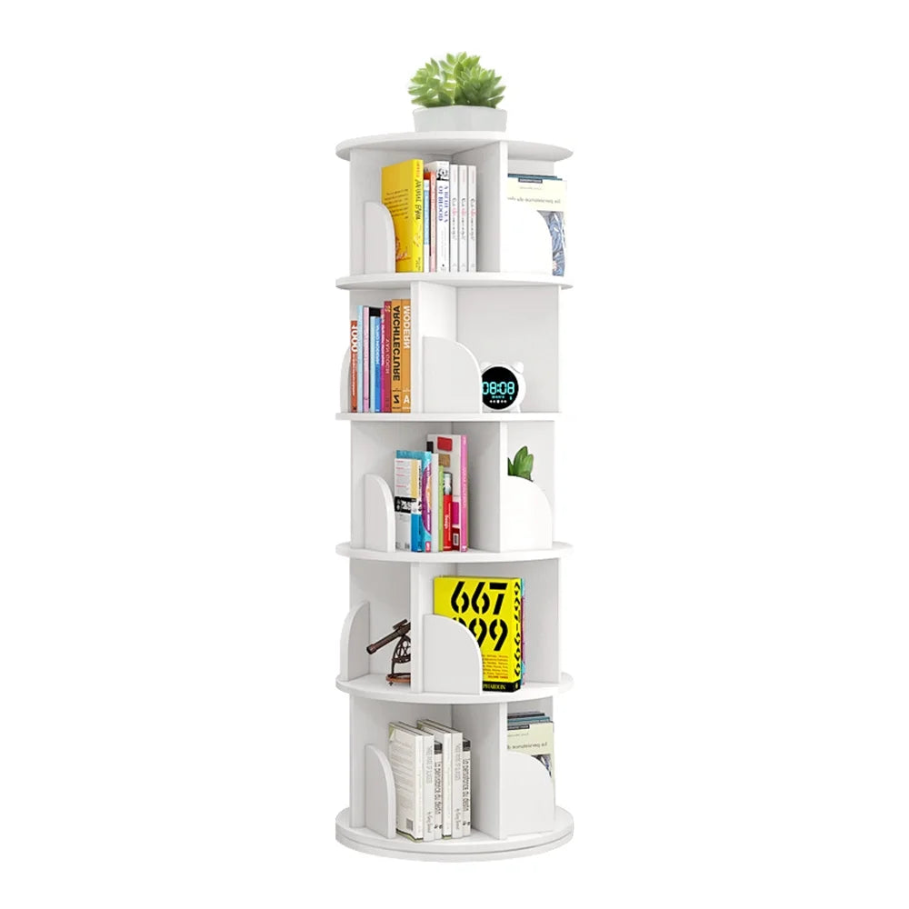 Bimiti 5 Tier Rotating Bookshelf, 360? Revolving Bookcase 20 Shelves Floor - Standing Storage Display Rack - White 63"x18"x18", Adult