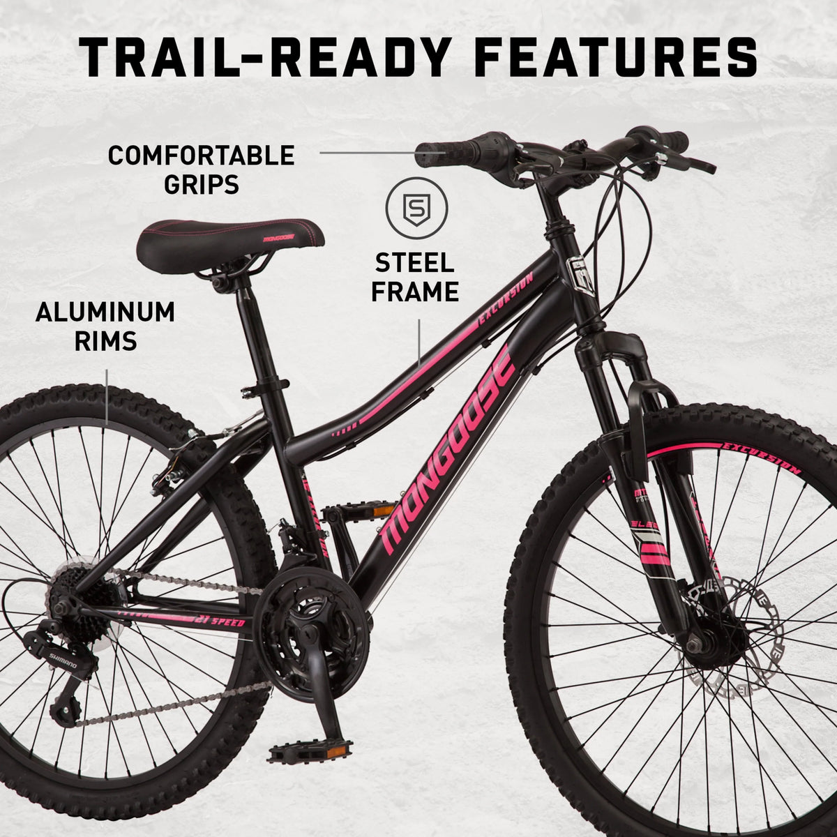 Mongoose 24 - In. Excursion Unisex Mountain Bike, Black, 21 Speeds