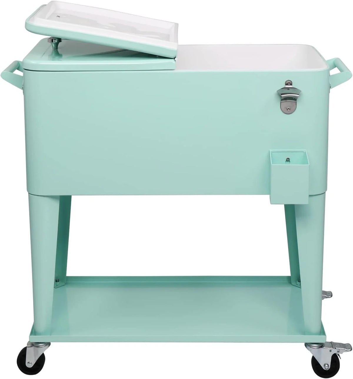 80 Quart Rolling Ice Chest, Portable Bar Drink Cooler with Catch Basin, Bottom Storage Tray and Bottle Opener for Patio Party BBQ Beach Activities