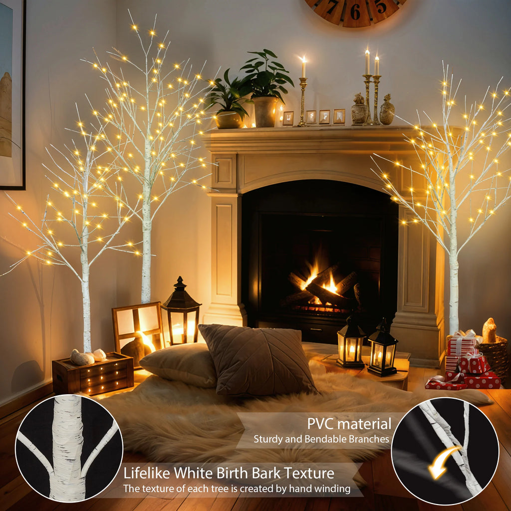 AECOJOY Set of Lighted Birch Tree, 4FT/5FT/6FT LED Artificial Tree with Warm White Lights, Christmas Tree for Decoration