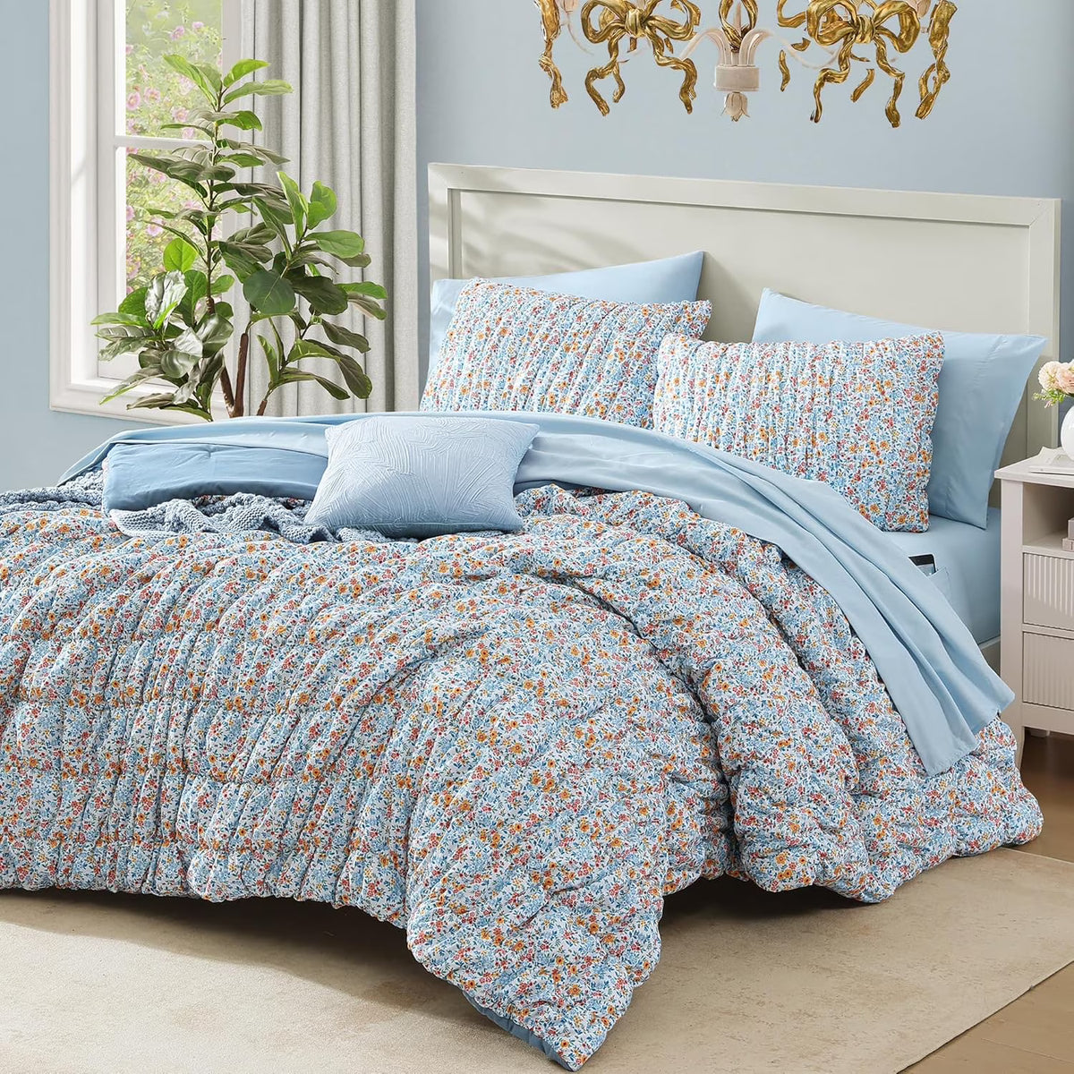 7 Pieces Blue Classic Puff Floral Bedding Sets for All Seasons, Shabby Chic Farmhouse Bed in a Bag Queen with Wildflowers Fluffy Comforter, Sheets, Pillowcases & Shams