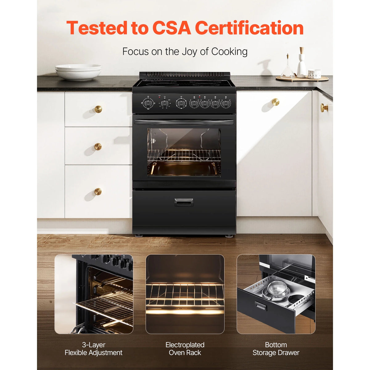 KFFKFF 24 - Inch Electric Range Oven, 2.7 Cu. Ft. Compact Freestanding Design, Stainless Steel Finish, Features 4 Burners, Adjustable Racks, Storage Drawer, Drip Pan, and Indicator Light, Black
