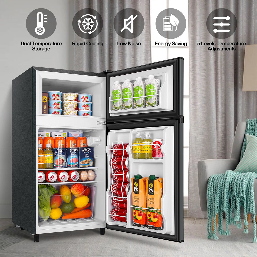 WANAI Two Door Mini Fridge with Freezer, 3.5 cu ft Small Freezer, Dark Grey
