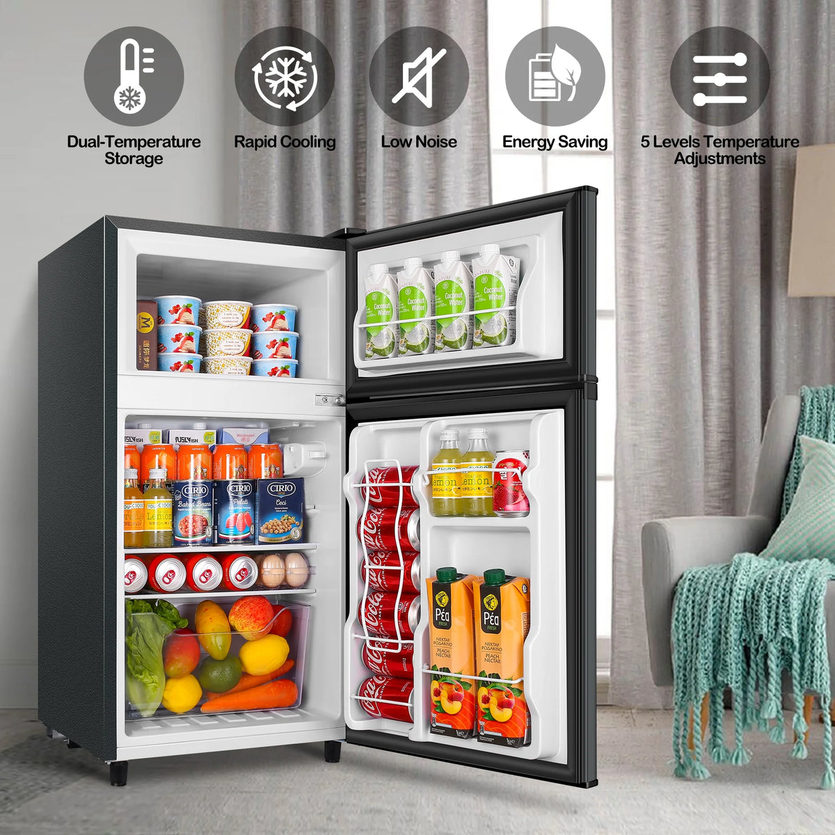WANAI Two Door Mini Fridge with Freezer, 3.5 cu ft Small Freezer, Dark Grey